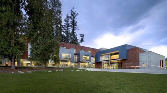 Miller Hull, Cascadia Community College, LEED Platinum, Global Learning and the Arts Building, USGBC, photovoltaic solar array, reclaimed rainwater, green roof