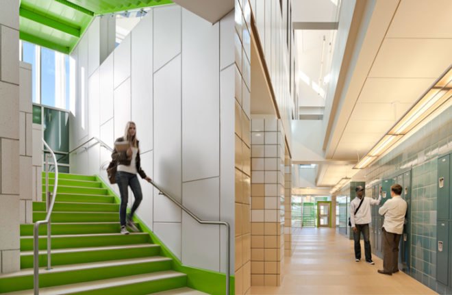 North Shore Community College, Danvers, Massachusetts, DiMella Shaffer, sustainable, LEED Gold, ZNEB, Zero Net Energy Building, energy efficient, solar power, geothermal, daylight, Health Professions, Student Services, Peter Shaffer, net zero