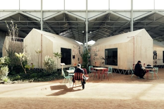 Langarita-Navarro Arquitectos, Red Bull Music Academy, temporary events, temporary music festival, Red Bull Music festival, temporary design, festival design, green design, sustainable design, eco-design, timber huts, gabled huts, sandbag insulation, greenery, urban design, warehouse in Madrid, Spain, acoustics