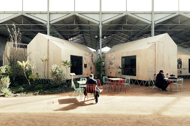 Langarita-Navarro Arquitectos, Red Bull Music Academy, temporary events, temporary music festival, Red Bull Music festival, temporary design, festival design, green design, sustainable design, eco-design, timber huts, gabled huts, sandbag insulation, greenery, urban design, warehouse in Madrid, Spain, acoustics