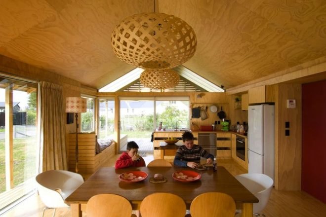 Daylighting, sustainable timber, Shoal Bay Bach, Parsonson Architects, green design, sustainable design, eco-design, minimalist design, daylighting, solar gain, timber, solar water heater, louvers, New Zealand