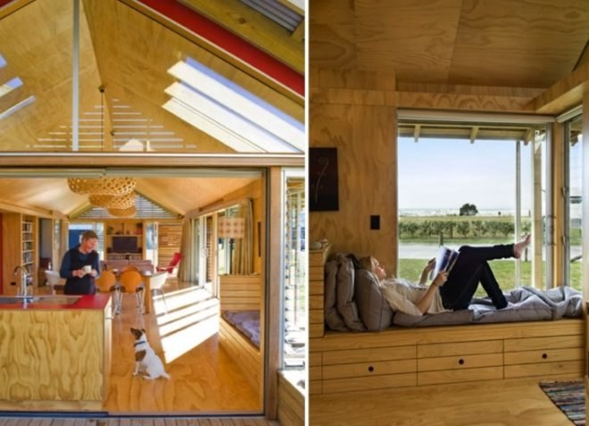 Daylighting, sustainable timber, Shoal Bay Bach, Parsonson Architects, green design, sustainable design, eco-design, minimalist design, daylighting, solar gain, timber, solar water heater, louvers, New Zealand