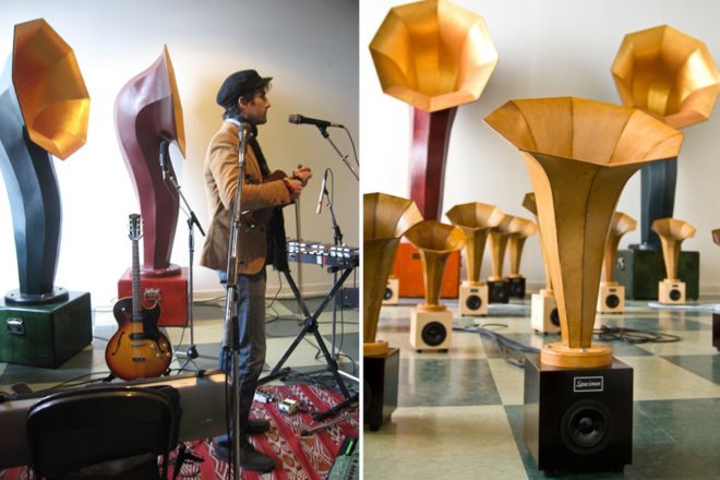 Speciment, horn speaker, custom instruments, recycled materials, sustainable, handmade, Chicago, Andrew Bird, Ian Schneller, electronics