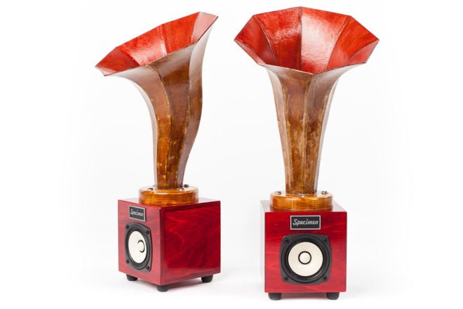 Speciment, horn speaker, custom instruments, recycled materials, sustainable, handmade, Chicago, Andrew Bird, Ian Schneller, electronics