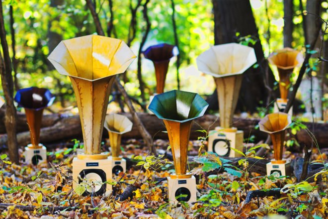 Speciment, horn speaker, custom instruments, recycled materials, sustainable, handmade, Chicago, Andrew Bird, Ian Schneller, electronics