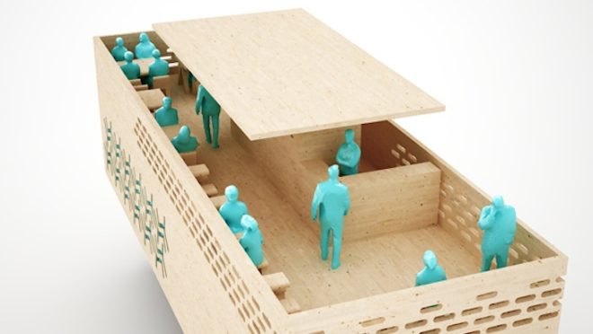 pop up, sustainable design, Japan, BAKOKO, Timber Cafe, sustainable timber, laminated timber, furniture cut out of walls, CNC, CAD, flatpack, shipping container, sustainable design, eco-design, green design