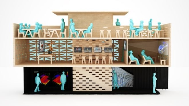 pop up, sustainable design, Japan, BAKOKO, Timber Cafe, sustainable timber, laminated timber, furniture cut out of walls, CNC, CAD, flatpack, shipping container, sustainable design, eco-design, green design