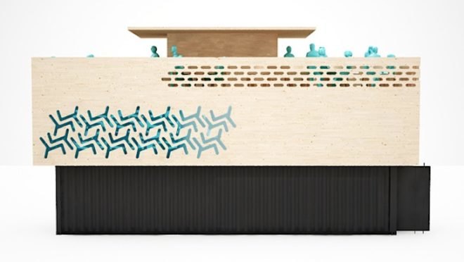 pop up, sustainable design, Japan, BAKOKO, Timber Cafe, sustainable timber, laminated timber, furniture cut out of walls, CNC, CAD, flatpack, shipping container, sustainable design, eco-design, green design
