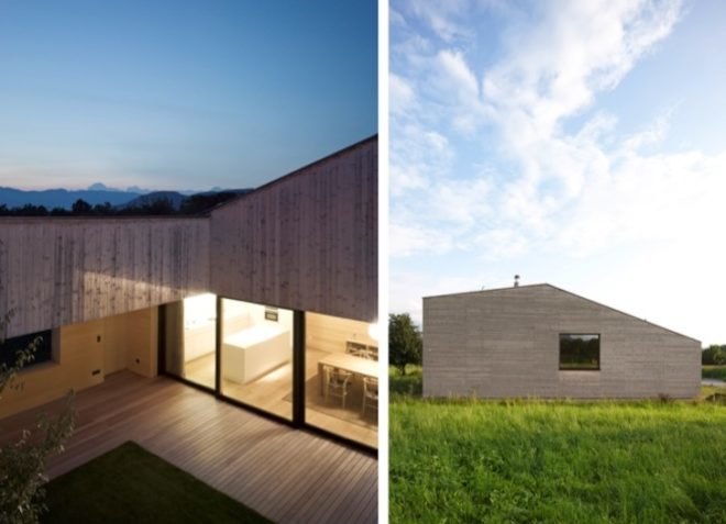 Austria, Bernardo Bader, timber home, wooden home, central courtyard, home with a green lung, green design, sustainable design, eco-design, daylighting, natural ventilation, tree in the center of the house, louvers, Vorarlberg
