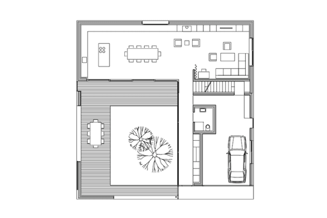 Austria, Bernardo Bader, timber home, wooden home, central courtyard, home with a green lung, green design, sustainable design, eco-design, daylighting, natural ventilation, tree in the center of the house, louvers, Vorarlberg