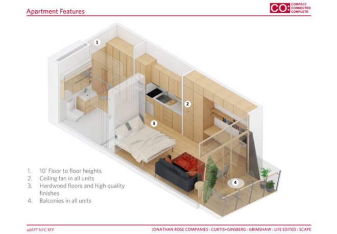Microapartment, Compact, connected, complete, Jonathan Rose Companies, Curtis+Ginsberg, Grimshaw, Scape, Life Edited, apartment, New York City, adapt NYC RFP