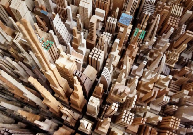James McNabb, City Series, scrap wood, reclaimed wood, art exhibit, cityscapes, woodworking, carpentry, craftsman