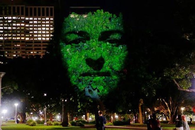 Craig Walsh, Hummanature, glowing faces, projection, Art, Botanical, Bright Ideas, projection on trees