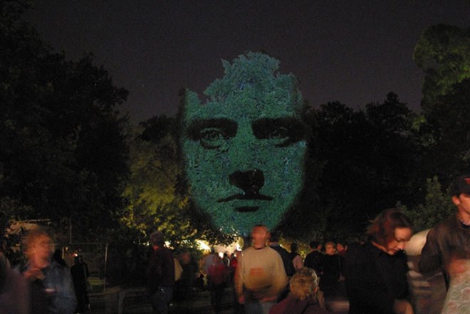 Craig Walsh, Hummanature, glowing faces, projection, Art, Botanical, Bright Ideas, projection on trees
