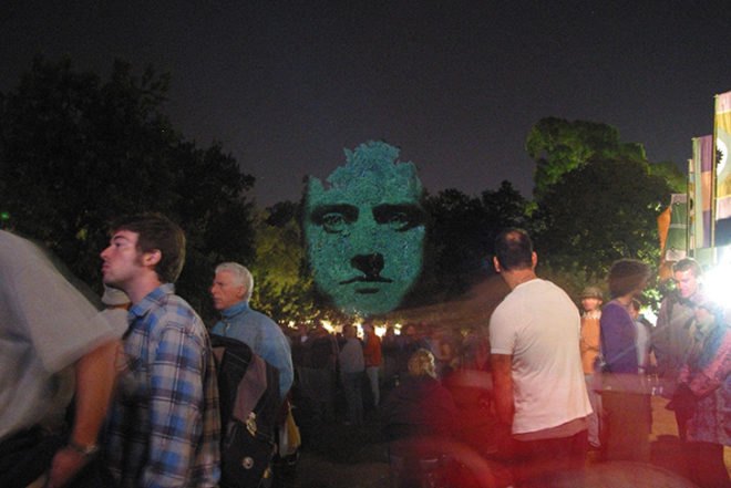 Craig Walsh, Hummanature, glowing faces, projection, Art, Botanical, Bright Ideas, projection on trees