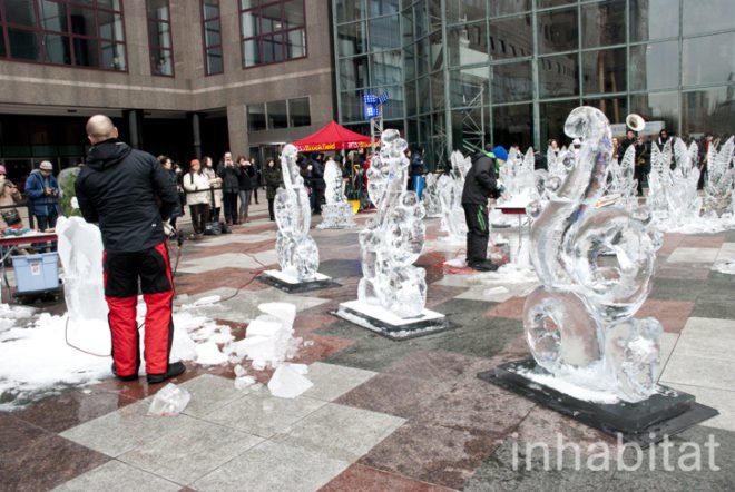 Okamoto Studio; Inhabitat; Inhabitat NYC; Takeo Okamoto; Shintaro Okamoto Amanda Coen; public art; ice carving; ice sculptures; live art; performance art; Arts Brookfield; New York City; World Financial Center; outdoor art; winter art; ice art; Thomas Brown; public performance