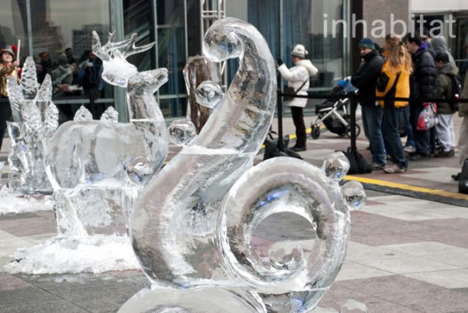 Okamoto Studio; Inhabitat; Inhabitat NYC; Takeo Okamoto; Shintaro Okamoto Amanda Coen; public art; ice carving; ice sculptures; live art; performance art; Arts Brookfield; New York City; World Financial Center; outdoor art; winter art; ice art; Thomas Brown; public performance
