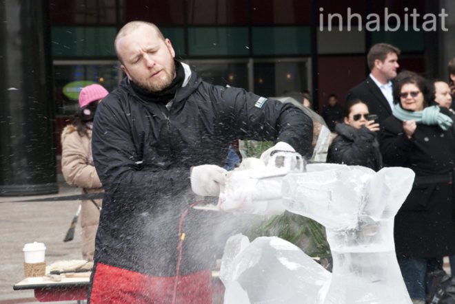 Okamoto Studio; Inhabitat; Inhabitat NYC; Takeo Okamoto; Shintaro Okamoto Amanda Coen; public art; ice carving; ice sculptures; live art; performance art; Arts Brookfield; New York City; World Financial Center; outdoor art; winter art; ice art; Thomas Brown; public performance