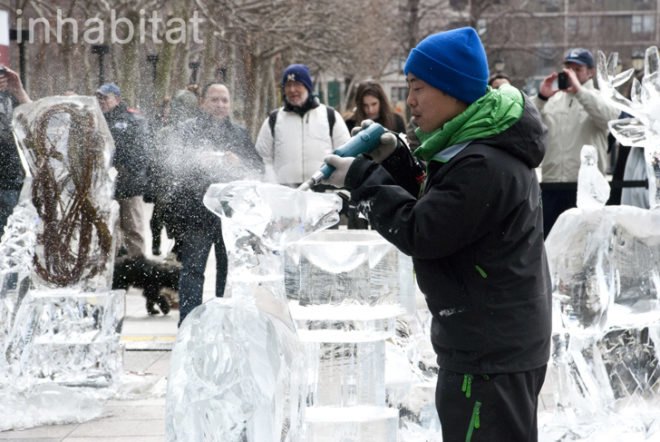 Okamoto Studio; Inhabitat; Inhabitat NYC; Takeo Okamoto; Shintaro Okamoto Amanda Coen; public art; ice carving; ice sculptures; live art; performance art; Arts Brookfield; New York City; World Financial Center; outdoor art; winter art; ice art; Thomas Brown; public performance