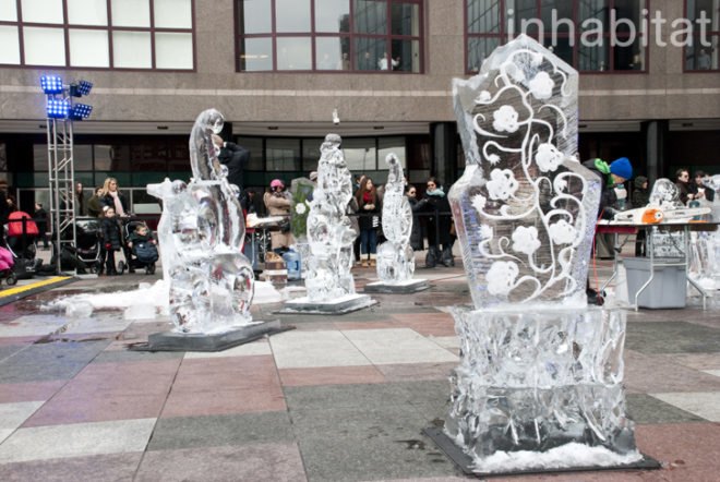 Okamoto Studio; Inhabitat; Inhabitat NYC; Takeo Okamoto; Shintaro Okamoto Amanda Coen; public art; ice carving; ice sculptures; live art; performance art; Arts Brookfield; New York City; World Financial Center; outdoor art; winter art; ice art; Thomas Brown; public performance