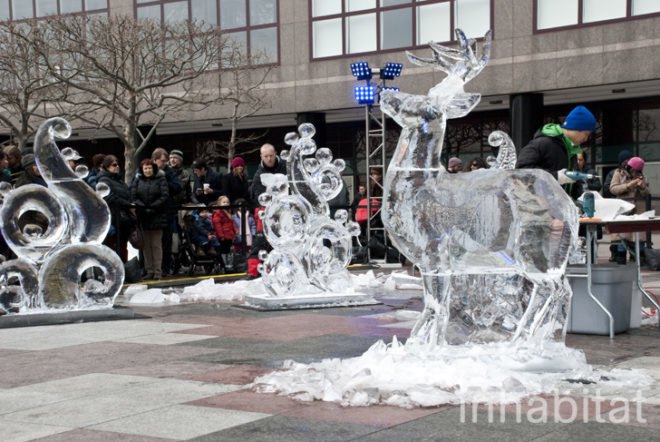 Okamoto Studio; Inhabitat; Inhabitat NYC; Takeo Okamoto; Shintaro Okamoto Amanda Coen; public art; ice carving; ice sculptures; live art; performance art; Arts Brookfield; New York City; World Financial Center; outdoor art; winter art; ice art; Thomas Brown; public performance