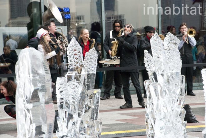 Okamoto Studio; Inhabitat; Inhabitat NYC; Takeo Okamoto; Shintaro Okamoto Amanda Coen; public art; ice carving; ice sculptures; live art; performance art; Arts Brookfield; New York City; World Financial Center; outdoor art; winter art; ice art; Thomas Brown; public performance