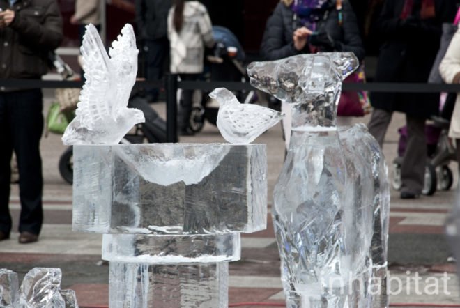 Okamoto Studio; Inhabitat; Inhabitat NYC; Takeo Okamoto; Shintaro Okamoto Amanda Coen; public art; ice carving; ice sculptures; live art; performance art; Arts Brookfield; New York City; World Financial Center; outdoor art; winter art; ice art; Thomas Brown; public performance