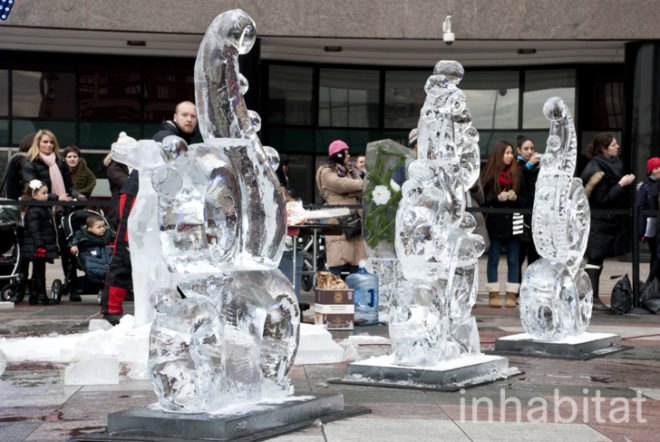 Okamoto Studio; Inhabitat; Inhabitat NYC; Takeo Okamoto; Shintaro Okamoto Amanda Coen; public art; ice carving; ice sculptures; live art; performance art; Arts Brookfield; New York City; World Financial Center; outdoor art; winter art; ice art; Thomas Brown; public performance