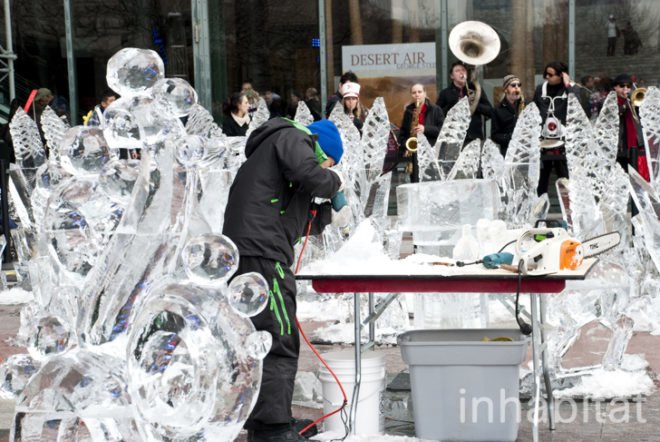 Okamoto Studio; Inhabitat; Inhabitat NYC; Takeo Okamoto; Shintaro Okamoto Amanda Coen; public art; ice carving; ice sculptures; live art; performance art; Arts Brookfield; New York City; World Financial Center; outdoor art; winter art; ice art; Thomas Brown; public performance