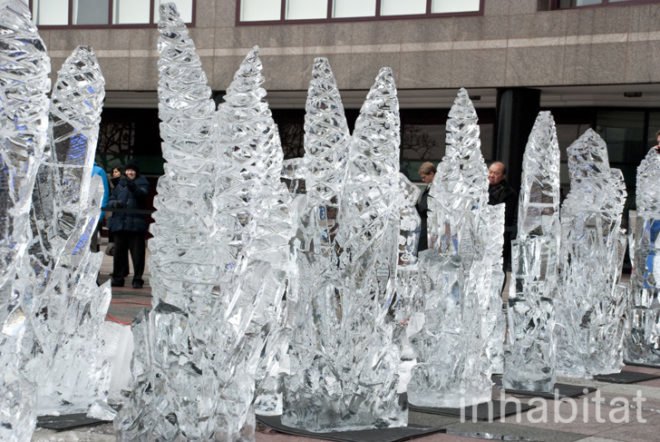 Okamoto Studio; Inhabitat; Inhabitat NYC; Takeo Okamoto; Shintaro Okamoto Amanda Coen; public art; ice carving; ice sculptures; live art; performance art; Arts Brookfield; New York City; World Financial Center; outdoor art; winter art; ice art; Thomas Brown; public performance