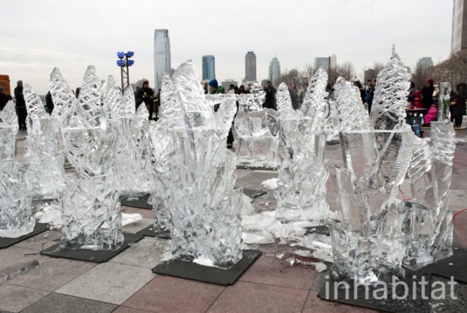 Okamoto Studio; Inhabitat; Inhabitat NYC; Takeo Okamoto; Shintaro Okamoto Amanda Coen; public art; ice carving; ice sculptures; live art; performance art; Arts Brookfield; New York City; World Financial Center; outdoor art; winter art; ice art; Thomas Brown; public performance