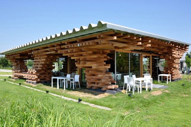 Kengo Kuma, Cafe Kureon, untreated wood, jenga, Toyama, Designed for Dissasembly, Architecture, Recycling / Compost