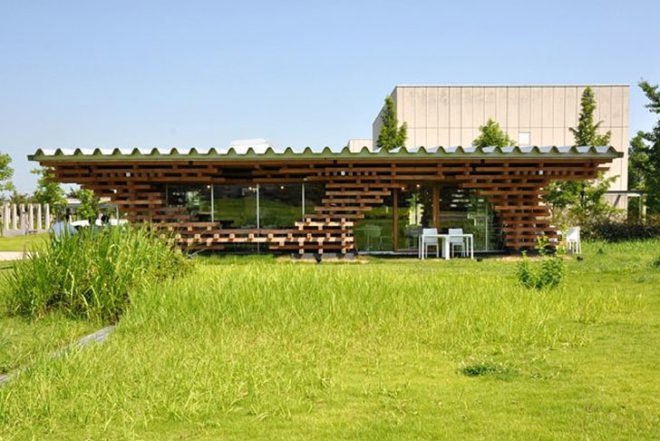 Kengo Kuma, Cafe Kureon, untreated wood, jenga, Toyama, Designed for Dissasembly, Architecture, Recycling / Compost