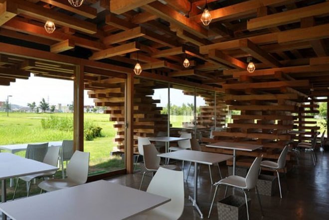 Kengo Kuma, Cafe Kureon, untreated wood, jenga, Toyama, Designed for Dissasembly, Architecture, Recycling / Compost