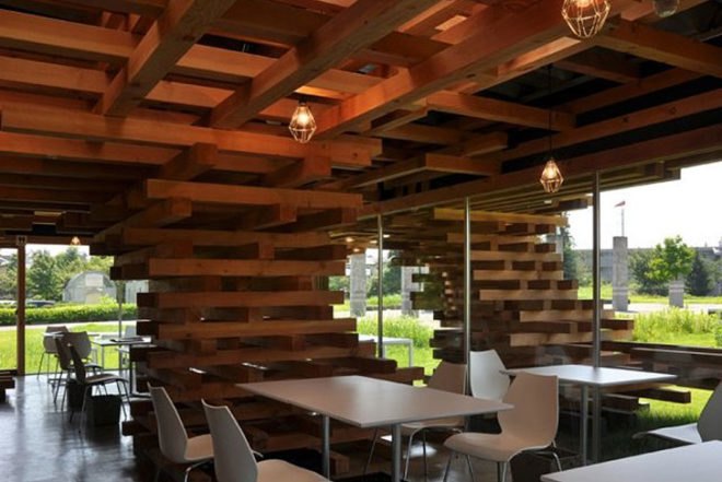 Kengo Kuma, Cafe Kureon, untreated wood, jenga, Toyama, Designed for Dissasembly, Architecture, Recycling / Compost