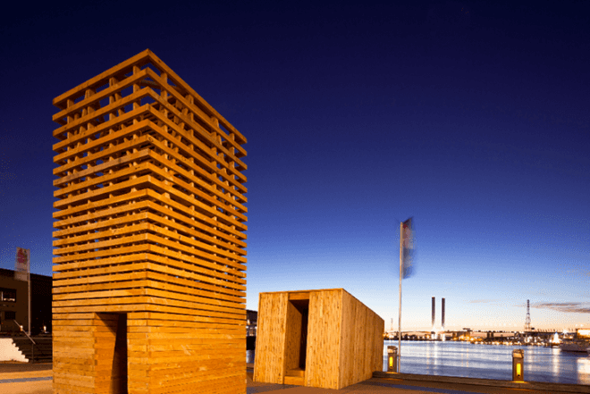 Melbourne Docklands, Australia, Monash University, Sealight Pavilion, Rintala Eggerstsson, Grimshaw, Felicetti, John Stanislav Sadar, reclaimed wood, habitable sculpture, cypress, Architecture, Art, Daylighting, Water Issues, Recycled Materials