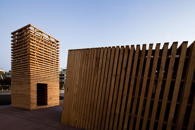 Melbourne Docklands, Australia, Monash University, Sealight Pavilion, Rintala Eggerstsson, Grimshaw, Felicetti, John Stanislav Sadar, reclaimed wood, habitable sculpture, cypress, Architecture, Art, Daylighting, Water Issues, Recycled Materials