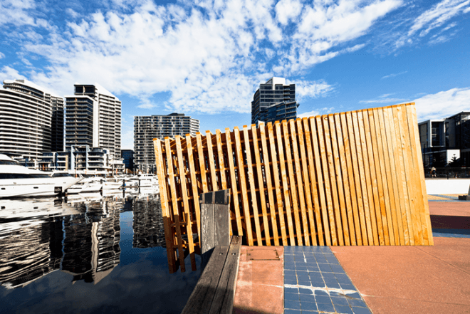 Melbourne Docklands, Australia, Monash University, Sealight Pavilion, Rintala Eggerstsson, Grimshaw, Felicetti, John Stanislav Sadar, reclaimed wood, habitable sculpture, cypress, Architecture, Art, Daylighting, Water Issues, Recycled Materials