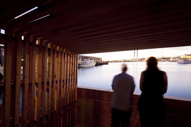 Melbourne Docklands, Australia, Monash University, Sealight Pavilion, Rintala Eggerstsson, Grimshaw, Felicetti, John Stanislav Sadar, reclaimed wood, habitable sculpture, cypress, Architecture, Art, Daylighting, Water Issues, Recycled Materials
