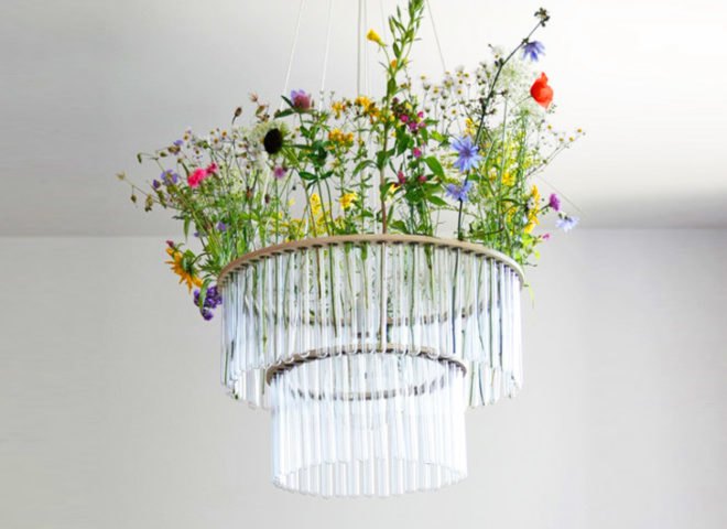 pani jurek, test tube chandeliers, green lamps, marie curie, sustainable lighting, science art, inventive lighting, eco design