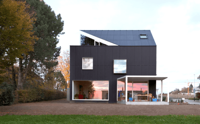 Lakeside home, Private House Bellmund, EXH Design, Lake Biennem, Switzerland, green design, sustainable design, eco-design, corrugated skin, rooftop terrace, daylighting, alpine, wood,