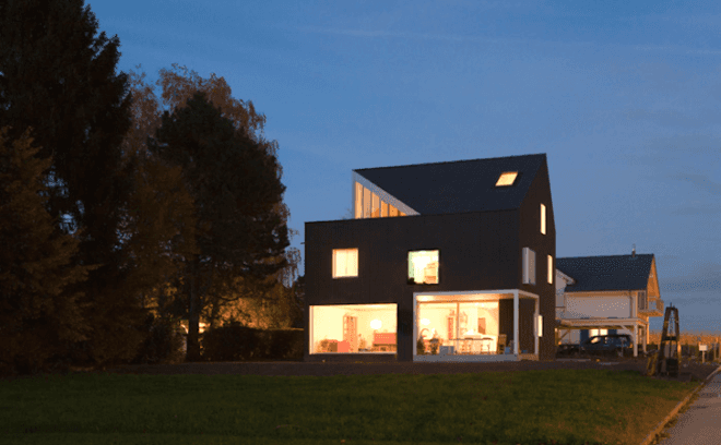 Lakeside home, Private House Bellmund, EXH Design, Lake Biennem, Switzerland, green design, sustainable design, eco-design, corrugated skin, rooftop terrace, daylighting, alpine, wood,