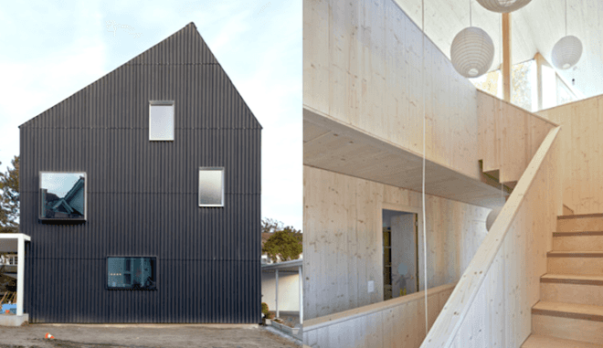 Lakeside home, Private House Bellmund, EXH Design, Lake Biennem, Switzerland, green design, sustainable design, eco-design, corrugated skin, rooftop terrace, daylighting, alpine, wood,