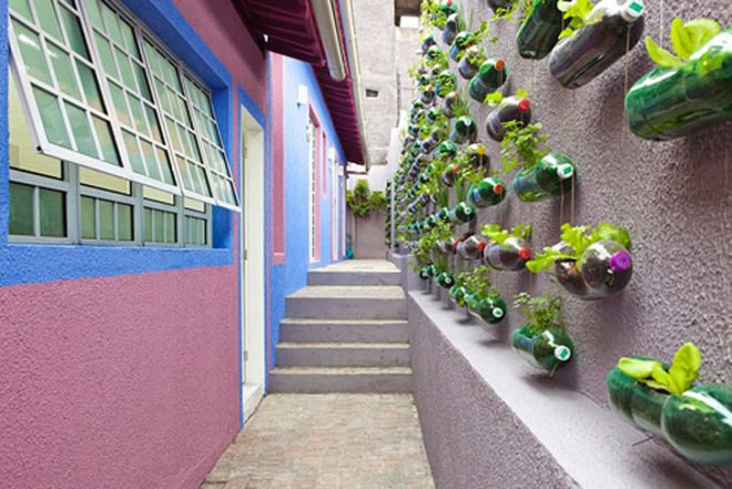 green design, eco design, sustainable design, Sao Paolo, vertical gardens, recycled bottle garden, Luciano Huck, Home Sweet Home, Rosenbaum firm, upcycled vertical garden, plastic bottle vertical garden