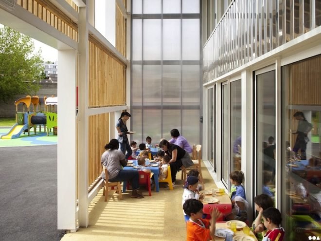Les Coccinelles Nursery, Saint Gratien, France, prefab design, chestnut wood, green design, energy efficiency, sustainable design, eco-design, education, nursery school, solar gain