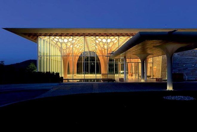 Shigeru Ban Architects, Nine Bridges Golf Club House, Korea, Seoul, Kaci International, hexagonal shape, bamboo wife pillow, local stone, Architecture, Daylighting, Green Materials,