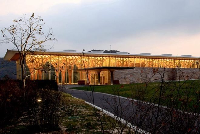 Shigeru Ban Architects, Nine Bridges Golf Club House, Korea, Seoul, Kaci International, hexagonal shape, bamboo wife pillow, local stone, Architecture, Daylighting, Green Materials,