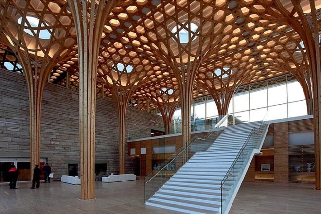 Shigeru Ban Architects, Nine Bridges Golf Club House, Korea, Seoul, Kaci International, hexagonal shape, bamboo wife pillow, local stone, Architecture, Daylighting, Green Materials,