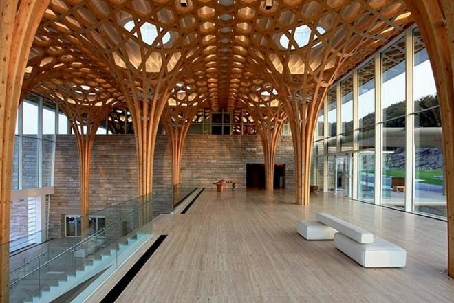 Shigeru Ban Architects, Nine Bridges Golf Club House, Korea, Seoul, Kaci International, hexagonal shape, bamboo wife pillow, local stone, Architecture, Daylighting, Green Materials,
