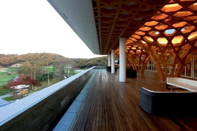 Shigeru Ban Architects, Nine Bridges Golf Club House, Korea, Seoul, Kaci International, hexagonal shape, bamboo wife pillow, local stone, Architecture, Daylighting, Green Materials,